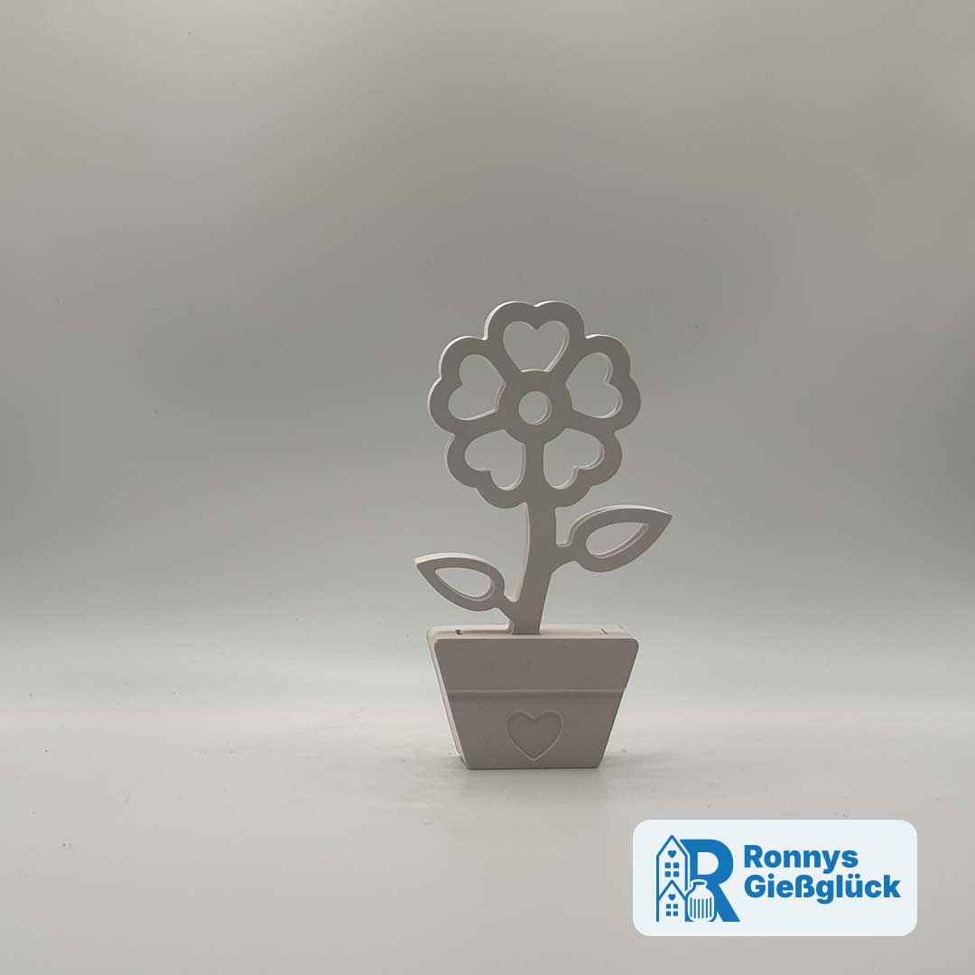 Blumen Deko mit Herzblättern Weiß – handgemacht | Ronnys Gießglück Blumen Deko aus Gips in Weiß mit Herzblättern im Blumentopf – handgefertigt von Ronnys Gießglück