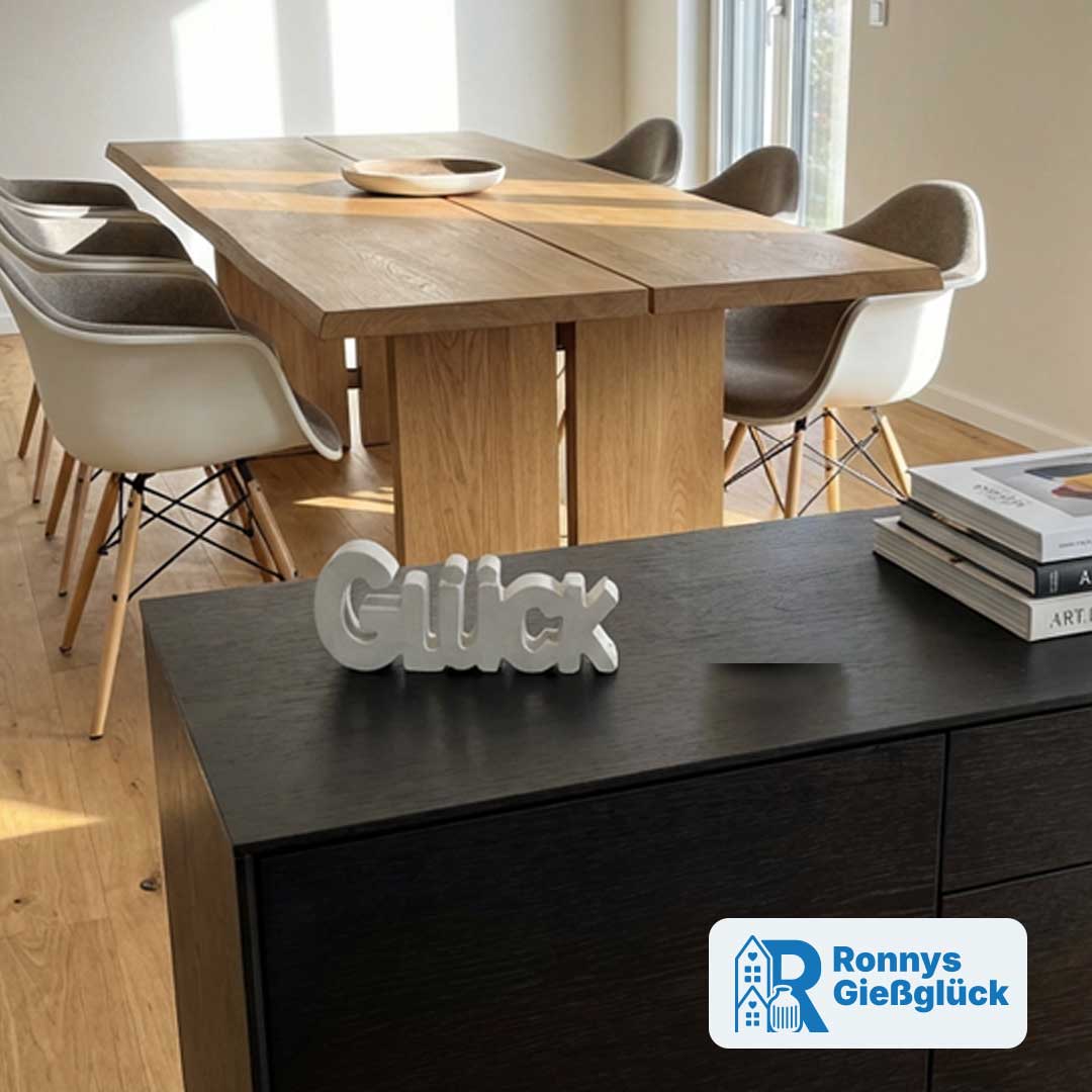 Schriftzug Glück aus weißem Gips auf Sideboard im modernen Wohnraum