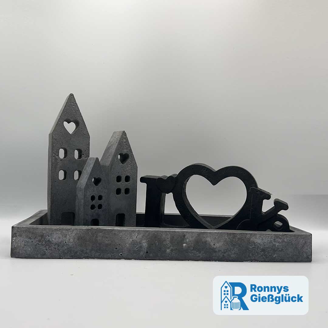 Home Love Deko Set aus Beton in Anthrazit mit eckigem Teller Häusern und Love Schriftzug – handgemachte Deko