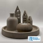 Lichterdorf Deko Set aus Beton in Grau mit Häusern Vase Teelichthalter und rundem Teller – handgemachte Deko