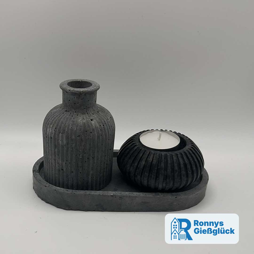 Tischzauber Deko Set in Anthrazit aus Beton mit ovalem Teller, Vase und Teelichthalter