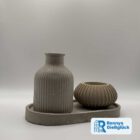 Tischzauber Deko Set in Grau aus Beton mit ovalem Teller, Vase und Teelichthalter
