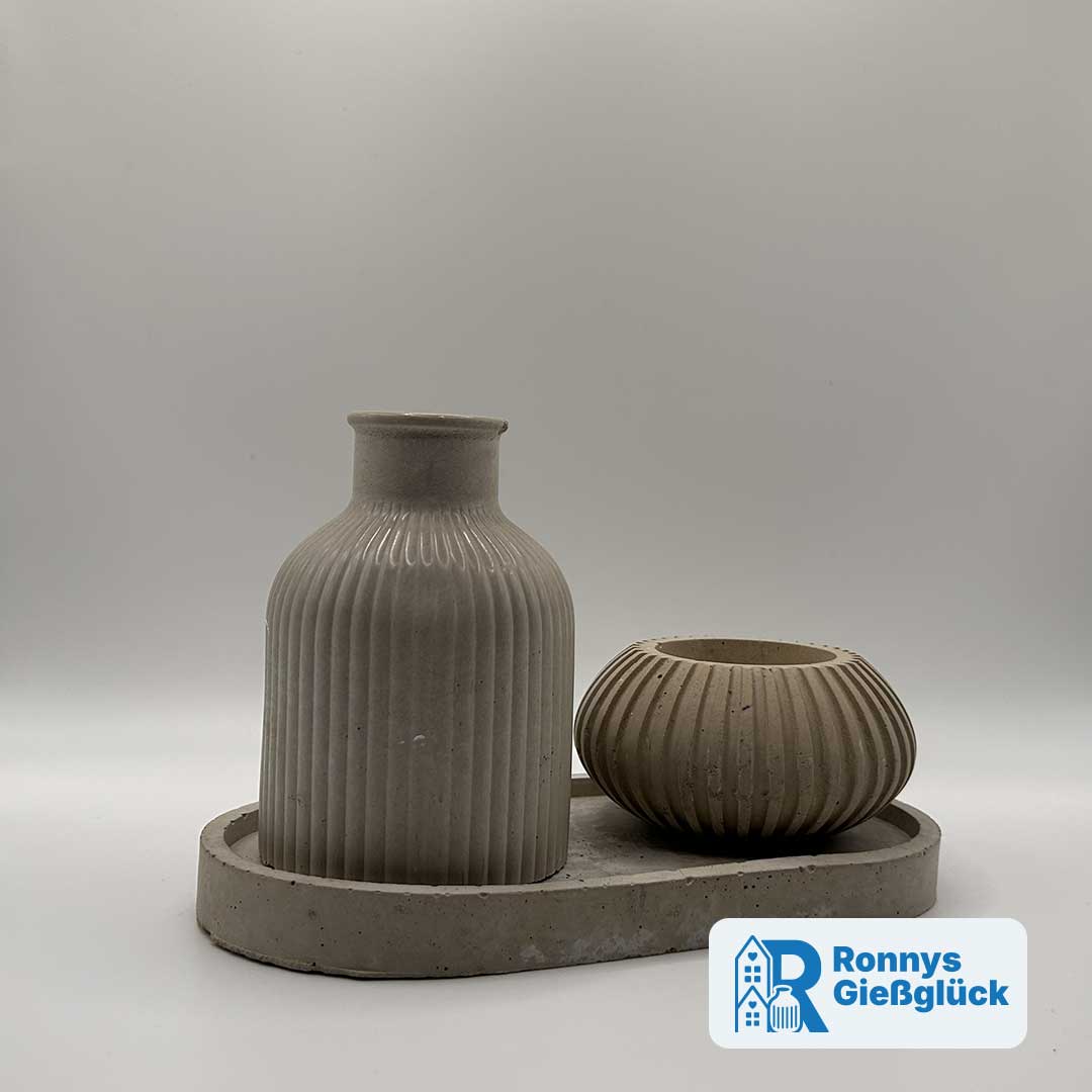 Tischzauber Deko Set in Grau aus Beton mit ovalem Teller, Vase und Teelichthalter