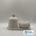 Tischzauber Deko Set in Weiß aus Gips mit ovalem Teller, Vase und Teelichthalter